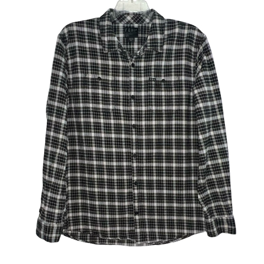 Fox Racing Men’s Long Sleeve Flannel Button Up Plaid Black Gray Shirt Size XL